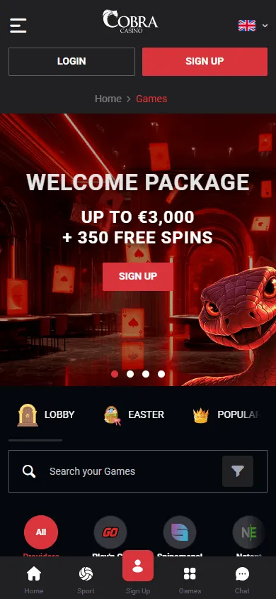 Cobra Casino mobile games view with casino categories