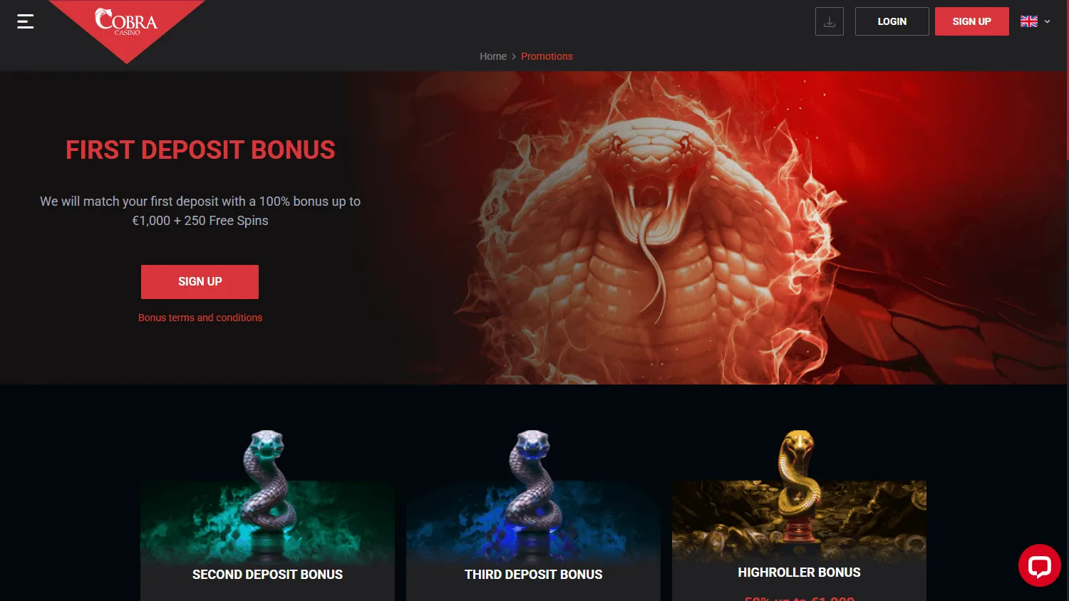 Cobra Casino desktop promotions view with welcome and deposit offers