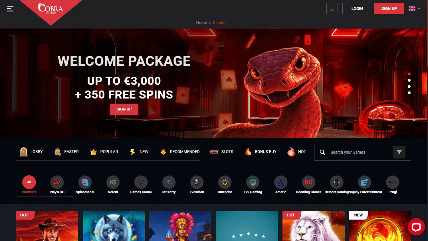 Cobra Casino desktop games view with casino categories and titles