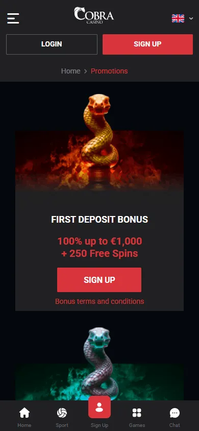 Cobra Casino mobile promotions view with reload and VIP offers