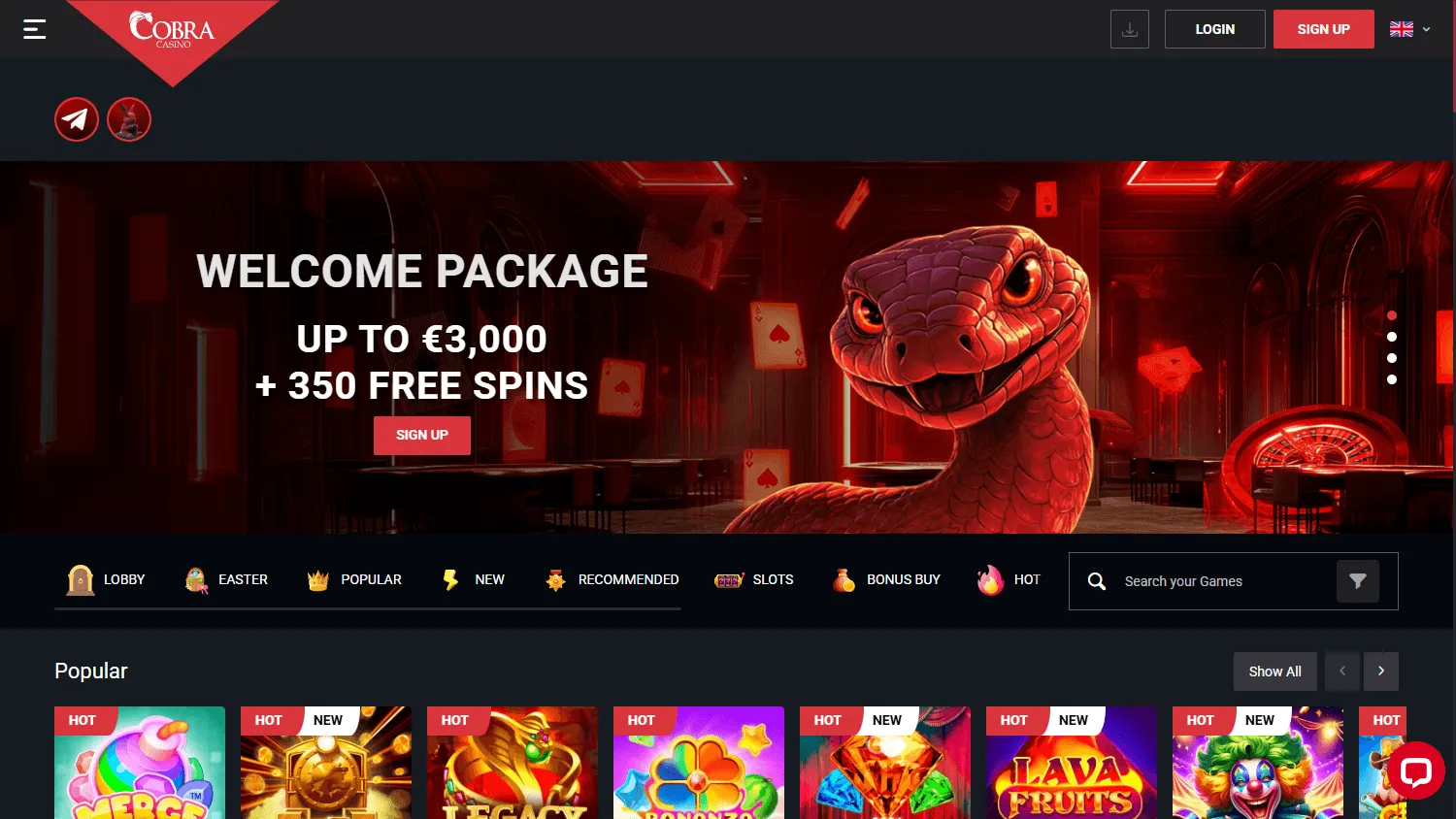 Cobra Casino desktop home view with the welcome package and casino offer