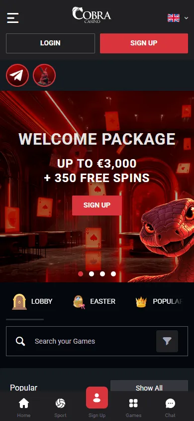 Cobra Casino mobile browser home view with the welcome package